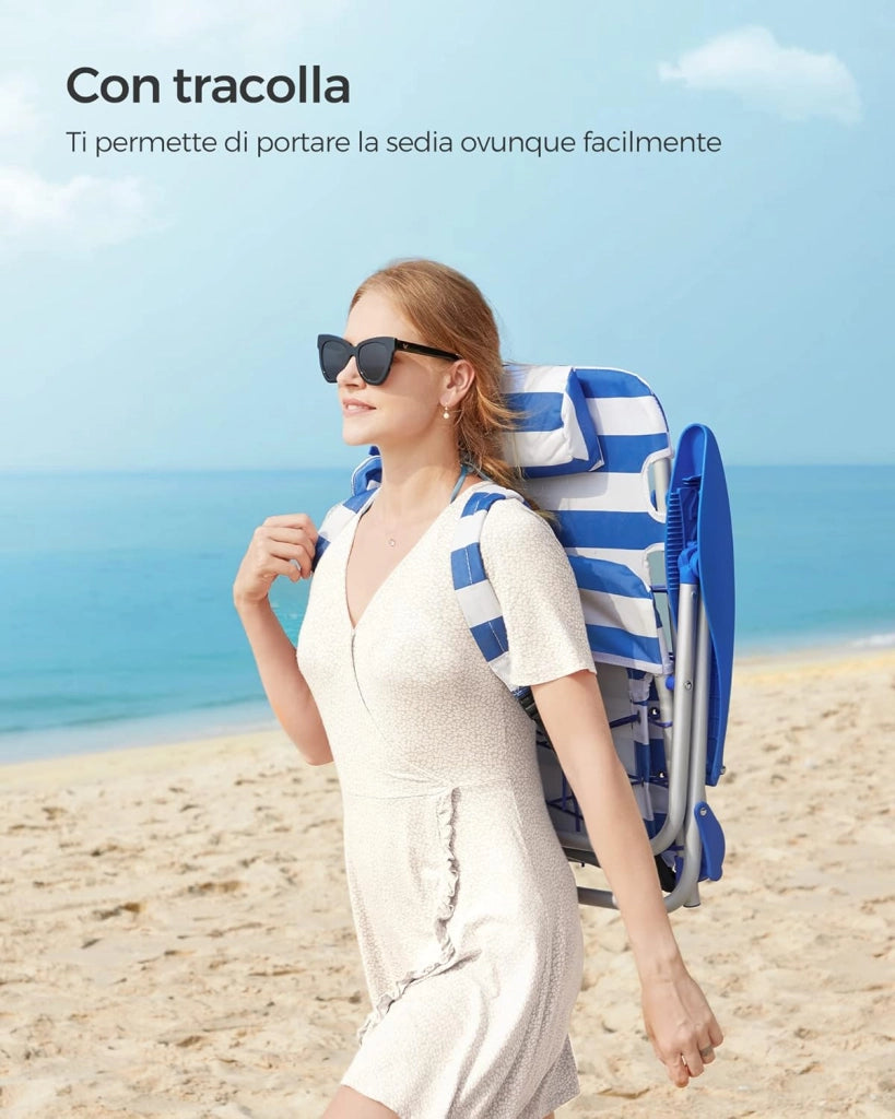 SONGMICS Sedia da spiaggia, sedia da campeggio pieghevole, con tracolla, schienale regolabile, poggiatesta, bracciolo, 2 tasche laterali, blu e bianco GCB62BU