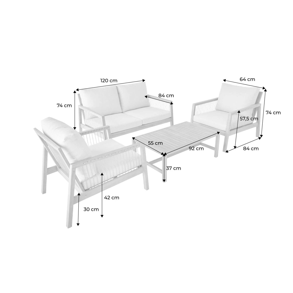 Salotto da giardino in legno e corda, 4 posti, beige