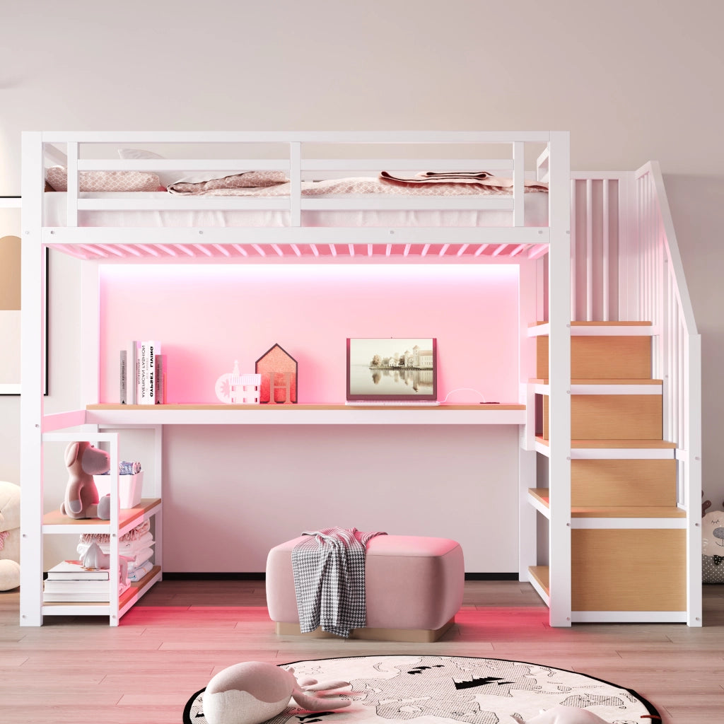 Letto a soppalco 90 × 200 cm con scala contenitore, ripiani, tavolo, barriera di sicurezza, senza materasso, bianco
