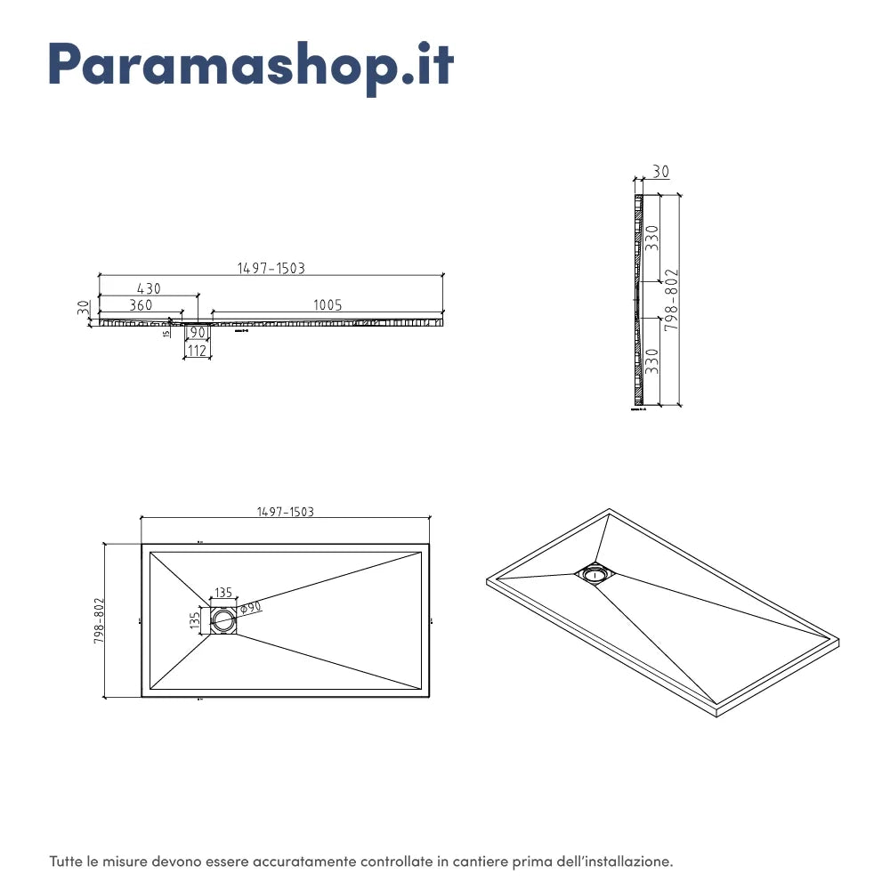 Piatto doccia rettangolare 80x150 cm in marmoresina bianco effetto pietra h3 cm | Milos