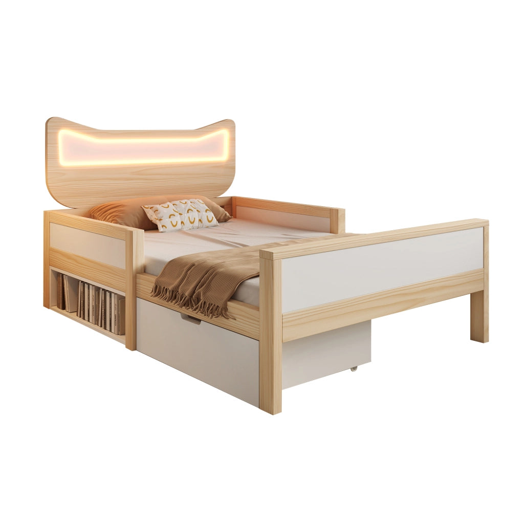 Lettino per bambini con orecchie da gatto e luci LED 90x190 cm in legno di rovere e bianco