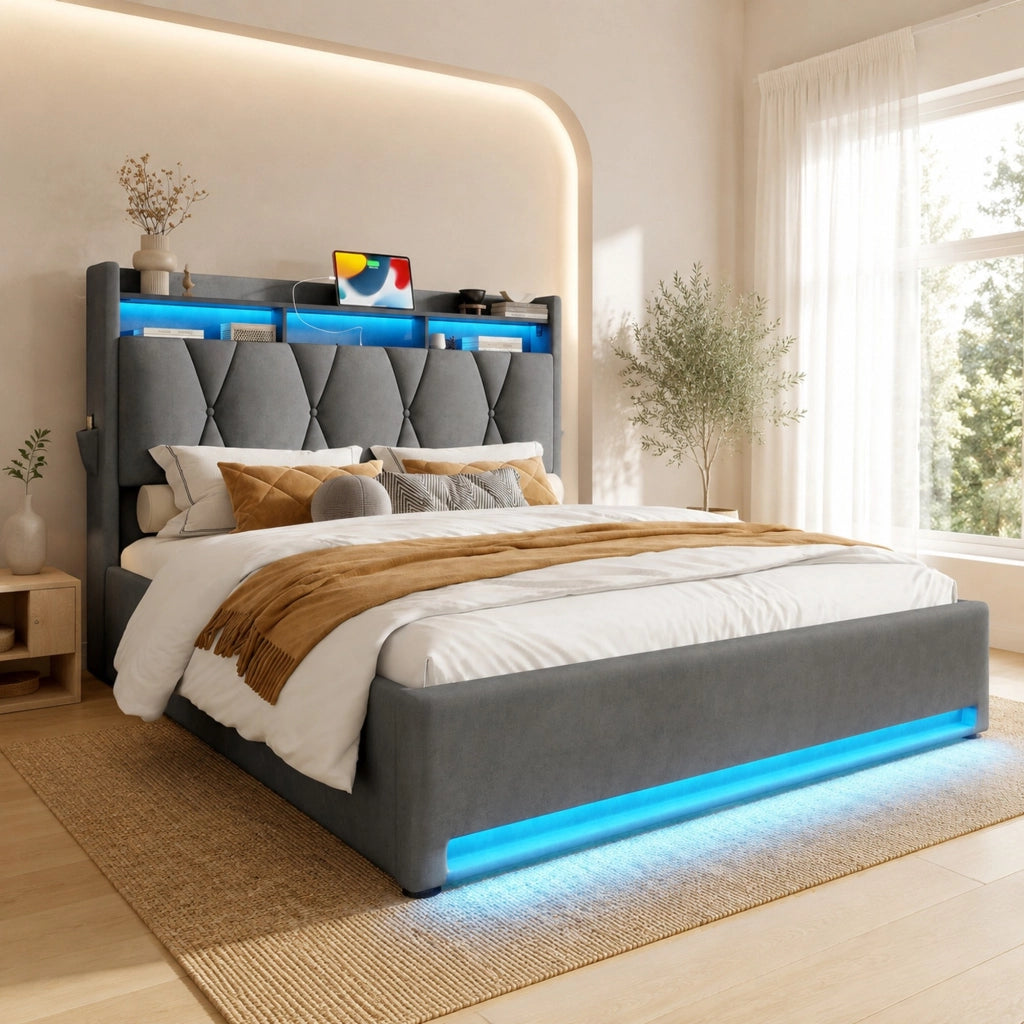 LETTO imbottito 140x200 cm in velluto grigio scuro con LED, USB Type-C e contenitore