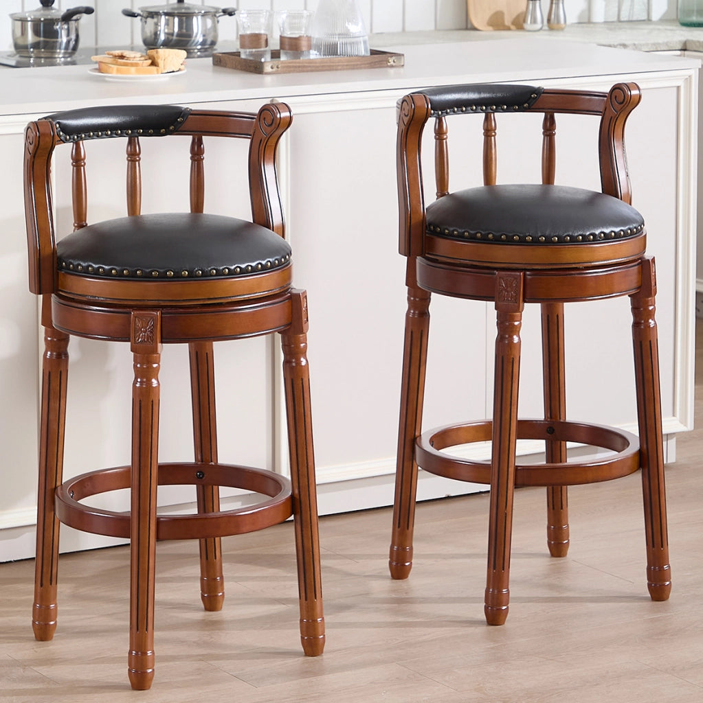 Sgabello da bar girevole 55x55x34 cm con schienale curvo in pelle e legno nero