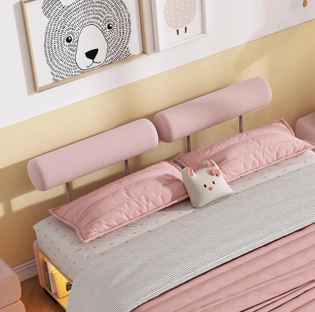 Letto imbottito per bambini 140x200 cm rosa con ripiano laterale LED e testiere modulari HAVRYA