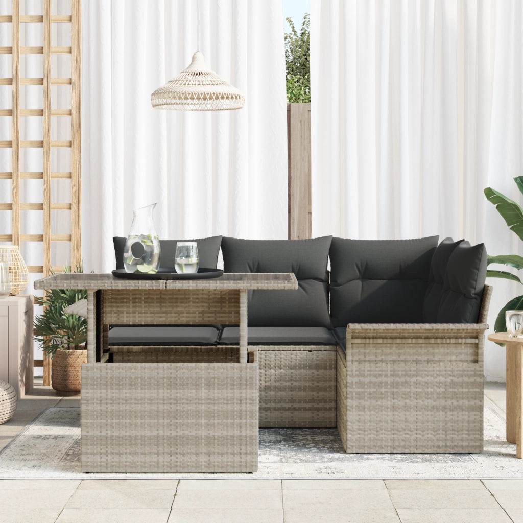 Set divani giardino 5 pezzi con cuscini grigio chiaro in polirattan