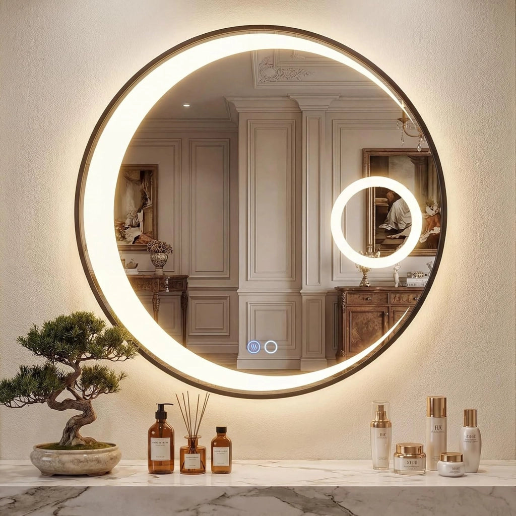 Specchio Bagno con Luce LED da 61 cm, Specchio Rotondo da Parete con Lente d'Ingrandimento 3X, Antiappannamento, 3 Colori Luce, 3000K-6500K, Luminosità Regolabile, IP44