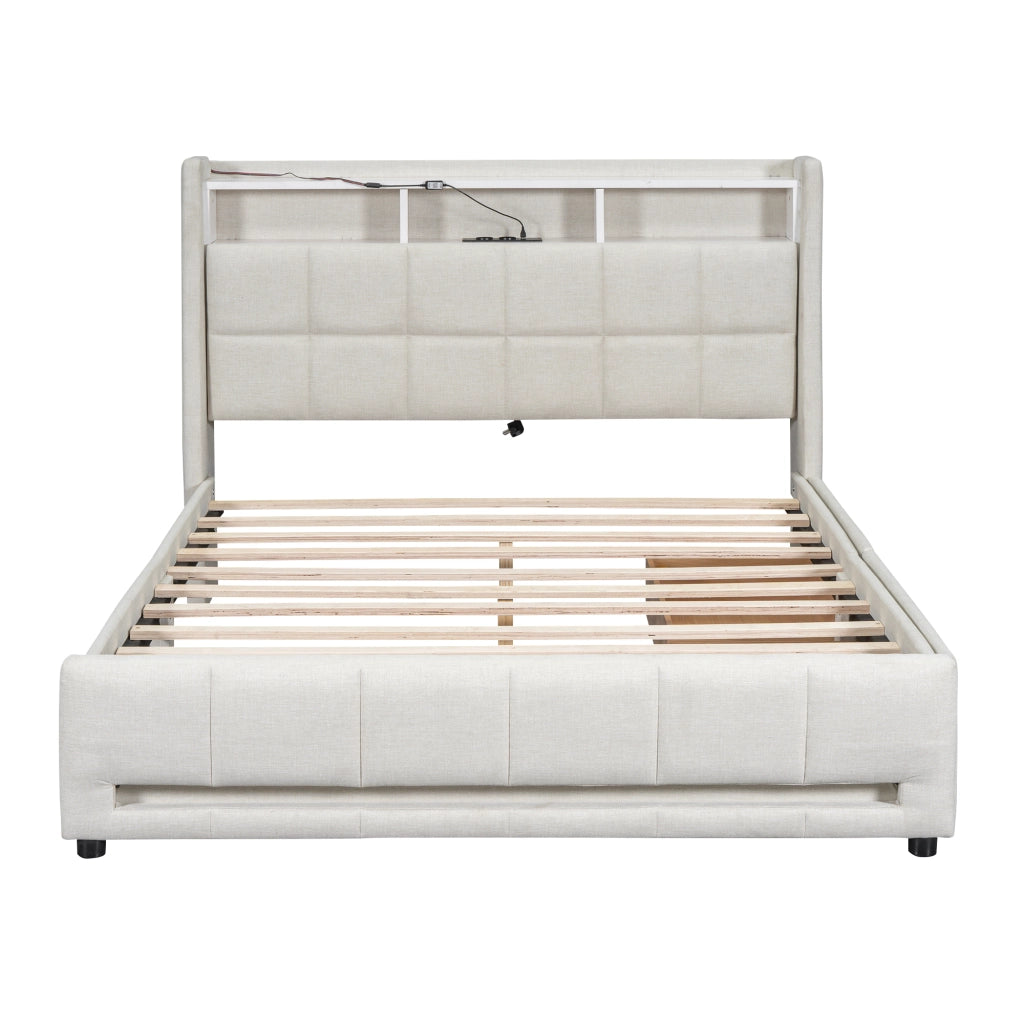 DESMIU Letto Matrimoniale con 2 Cassetti, USB, LED Regolabile e Vano 140 × 200 cm, Senza Materasso, Lino Beige