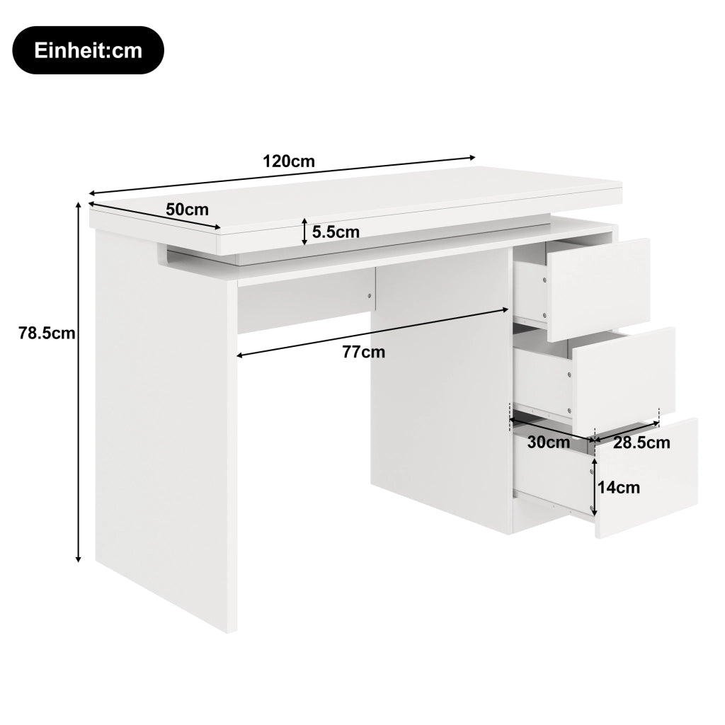 Scrivania con LED multicolore, 3 cassetti e piano ampio, per home office, in MDF bianco, 120 × 50 × 78,5 cm