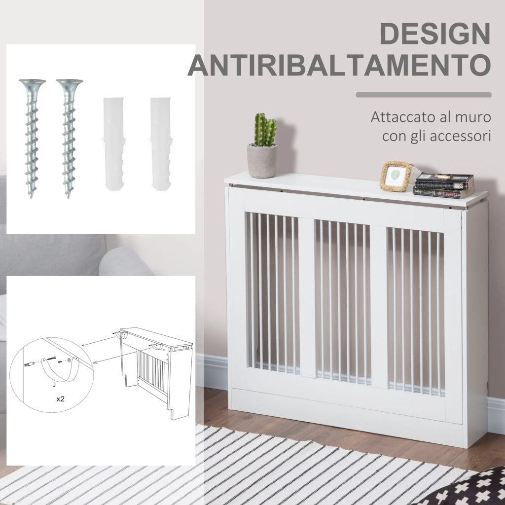 EasyComfort Copritermosifone a Doghe Moderno ed Elegante per la Casa, in MDF e Acciaio, 90x18x84cm, Bianco