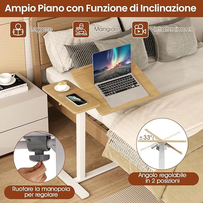 Tavolo per Computer, Tavolino Portatile e Regolabile in Altezza con Piano Inclinabile e 2 Fermi, Desk a Forma di C con Ruote per Camera da Letto e Ufficio, 68 x 49 x 70-103,5 cm