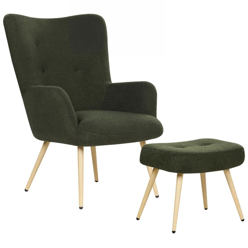 Poltrona rivestita in tessuto verde scuro con motivo floreale con poggiapiedi in stile retrò