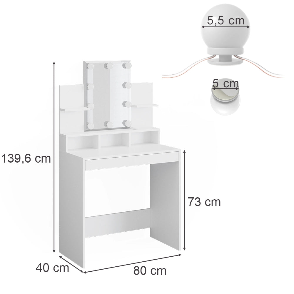 Vicco Tavolo da toeletta Bianco 80 cm con illuminazione a LED
