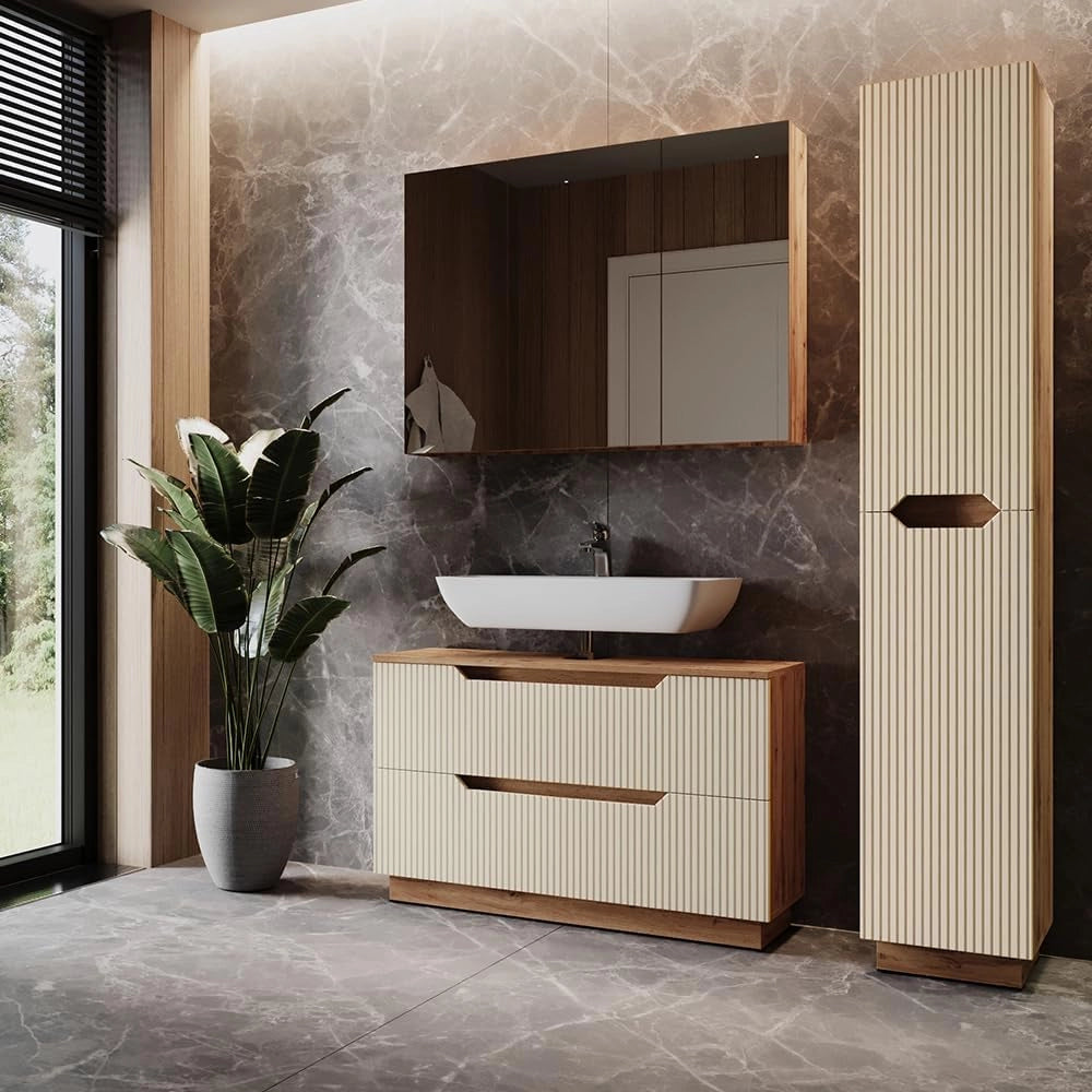 Set di mobili da bagno Lotta, Rovere/cashmere a righe, 3 parti
