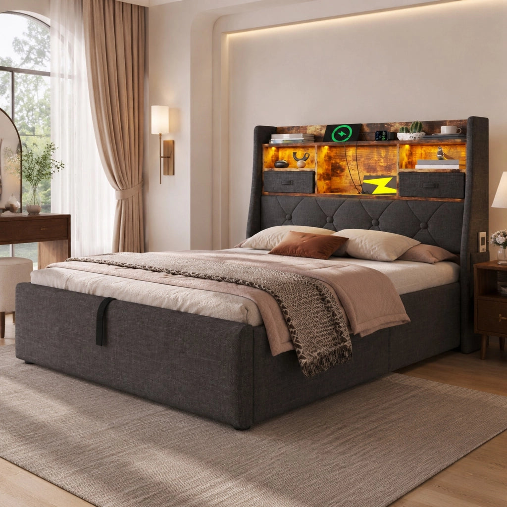 LETTO contenitore 90x200 cm in lino grigio con LED, USB e testiera con ripiano