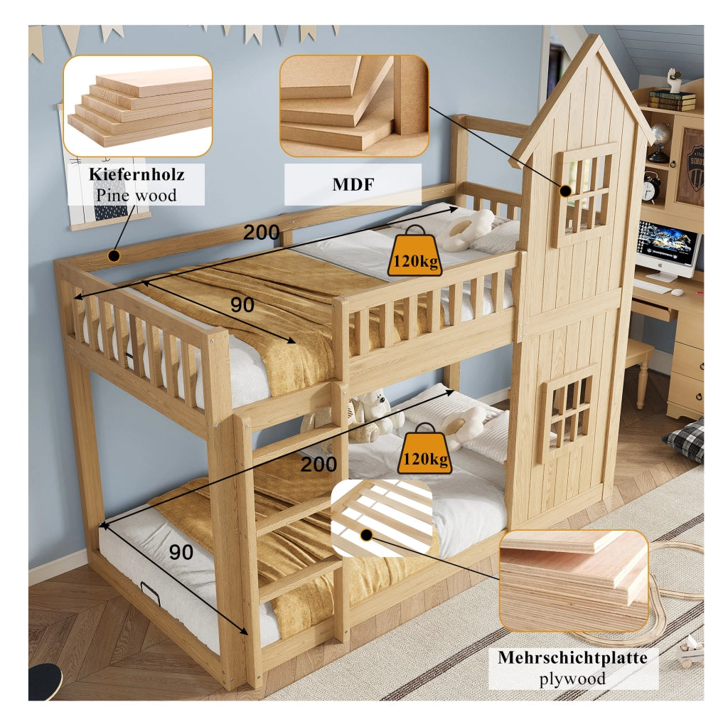 Letto a castello per bambini a casetta 90x200 cm naturale