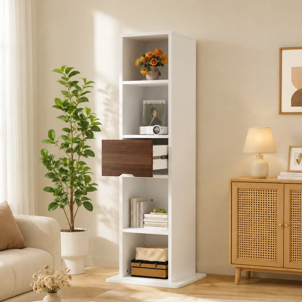 Armadio espositivo girevole con specchio a figura intera 45 x 45 x 168 cm, bianco, in MDF, con 4 vani aperti e 1 cassetto