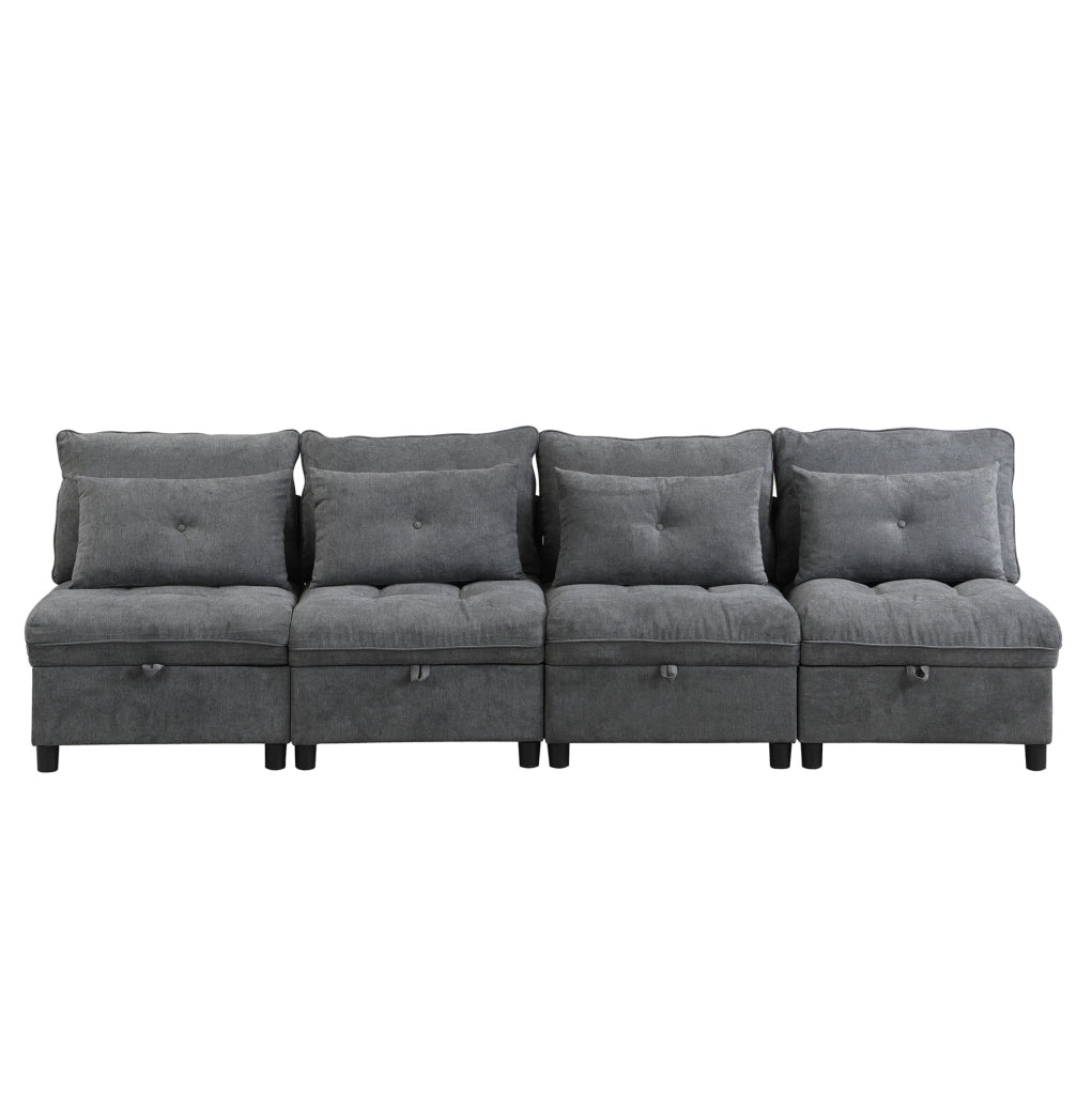 Divano modulare 4 posti con contenitore e funzione letto; 274x76x87 cm; chenille grigio antico