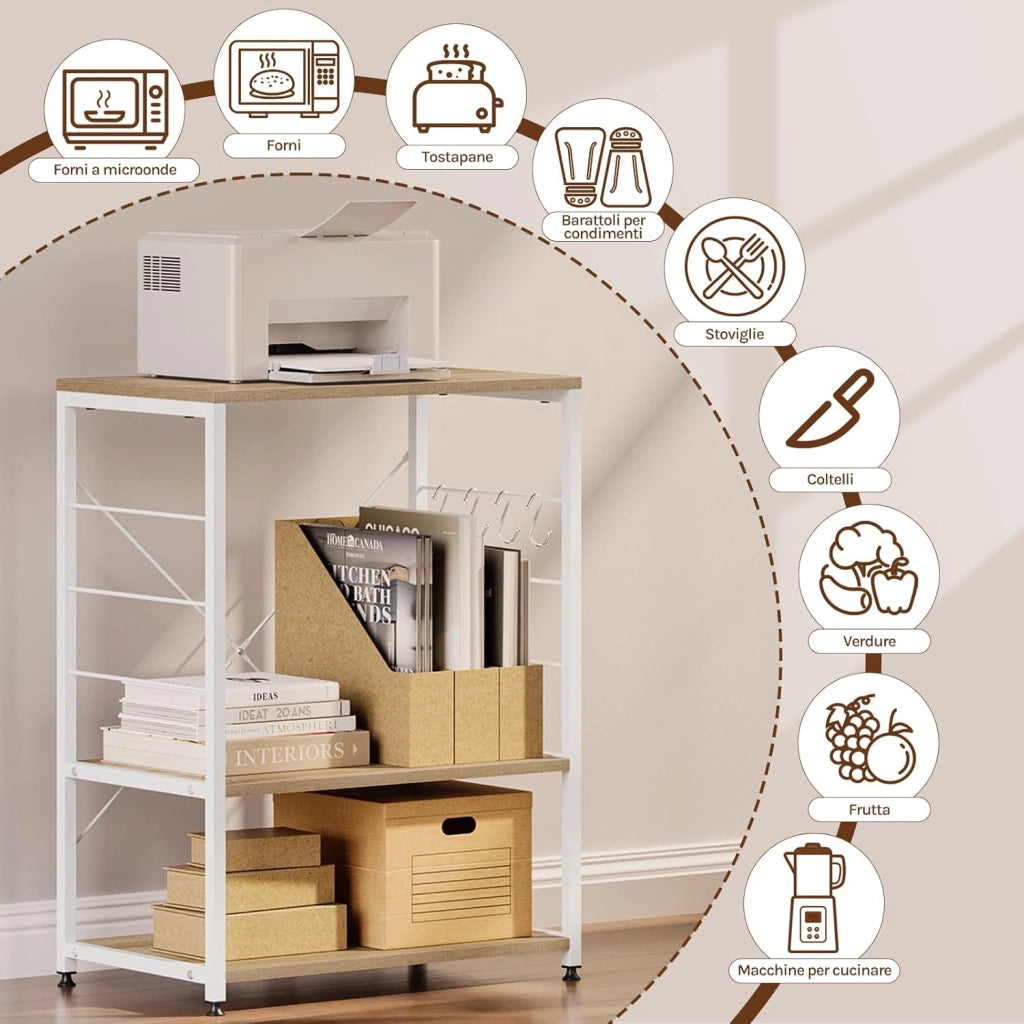 Scaffale per Cucina Carrello per Microonde Forno a 3 Ripiani in Metallo e Legno Scaffalature Fioriera Multiuso, Rovere Chiaro
