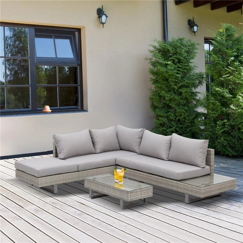 SALOTTO DA GIARDINO CON DIVANO E TAVOLINO IN PE RATTAN GRIGIO