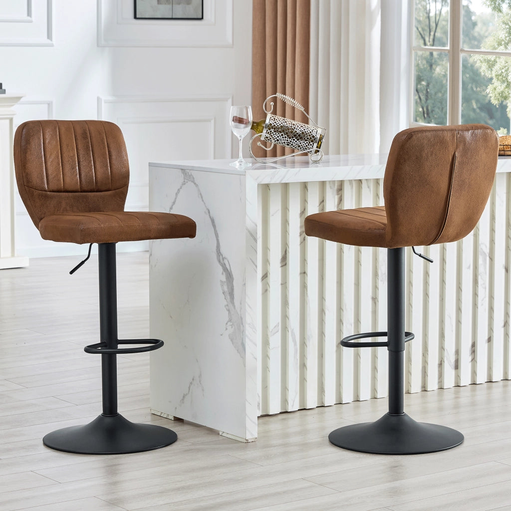 Sgabello da bar regolabile in altezza con schienale e poggiapiedi, seduta girevole in PU nero e marrone 62-83 cm