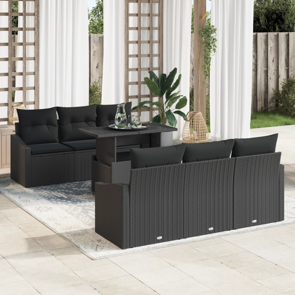 Set divano da giardino 7 pezzi con cuscini neri in polirattan
