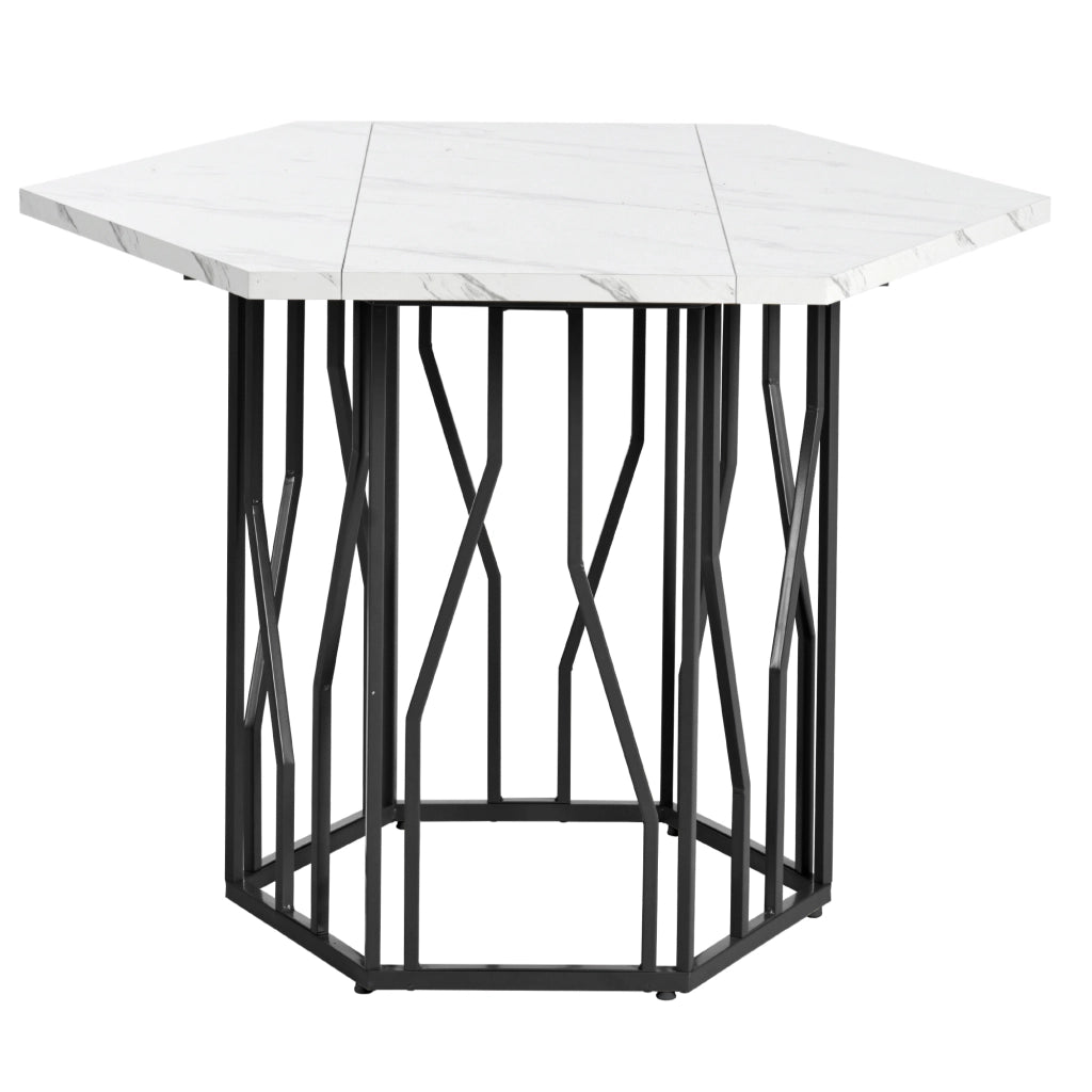 Tavolo da pranzo esagonale con piano effetto marmo in MDF e base in metallo nero per sala da pranzo e soggiorno