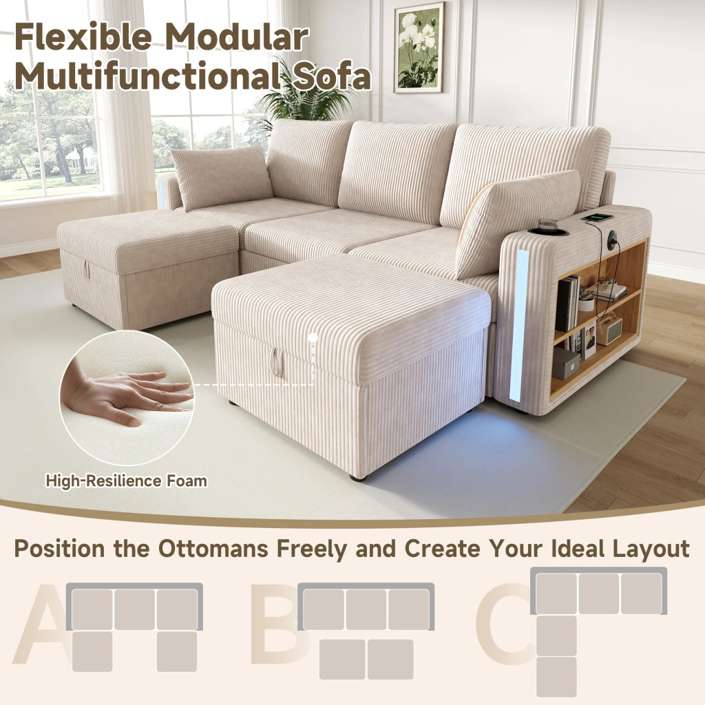 Divano angolare modulare in tessuto a coste con seduta contenitore, LED, USB e porta bicchieri beige