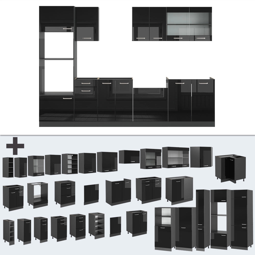 Vicco Cucina componibile Nero lucido/antracite 300 cm con armadio alto, PL Rovere