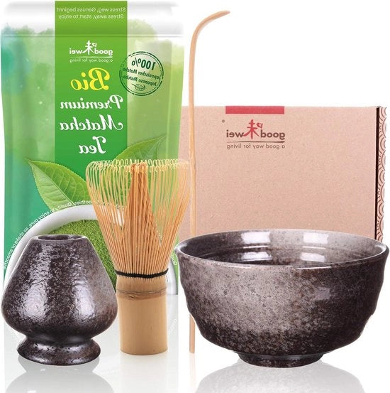 Set Completo per la Cerimonia del Tè Matcha con Scudetto Biologico di Tè Matcha, Spatola per Matcha e Supporto per Chasen Goma.