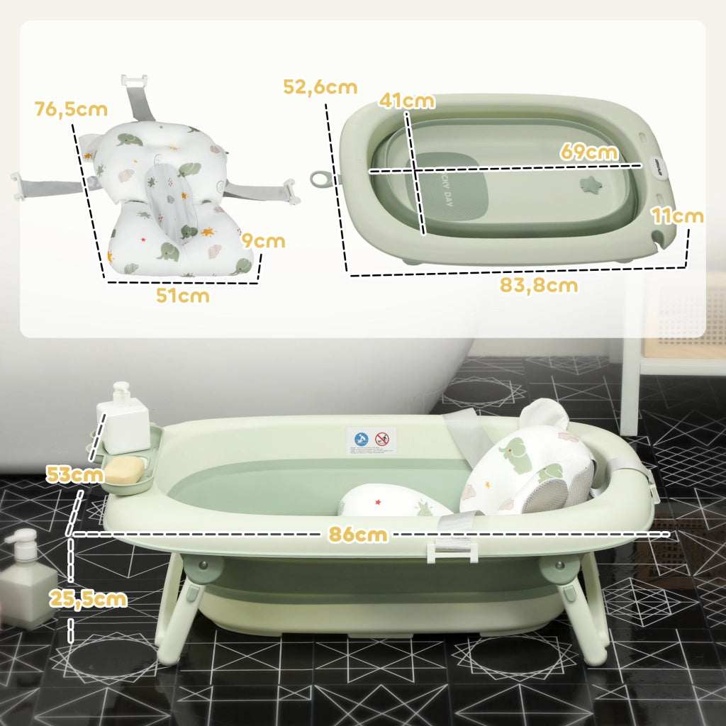 Vasca da bagno pieghevole per neonati ¨C zephmum ¨C verde con cuscino e ripiano