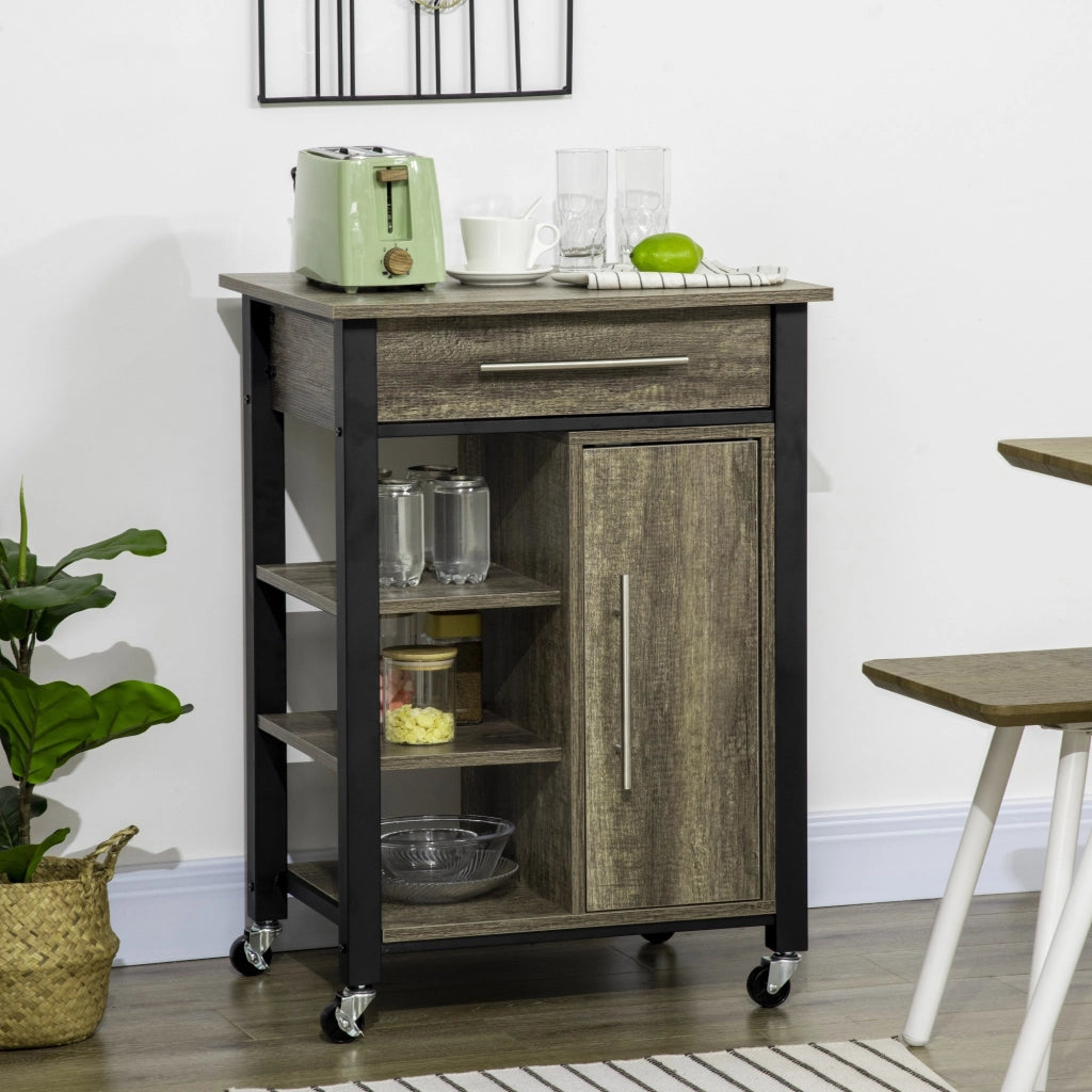 EasyComfort Carrello da Cucina Portavivande con Cassetto, Mensole, Armadietto e 4 Ruote, Legno Truciolare, 60x50x84.5cm, Quercia