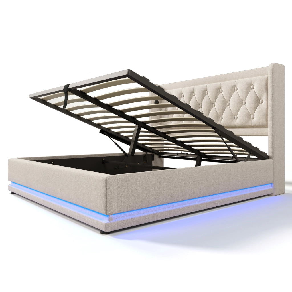 Letti contenitori 140x200 cm con contenitore; USB Type-C e LED; cotone beige (Senza materasso)