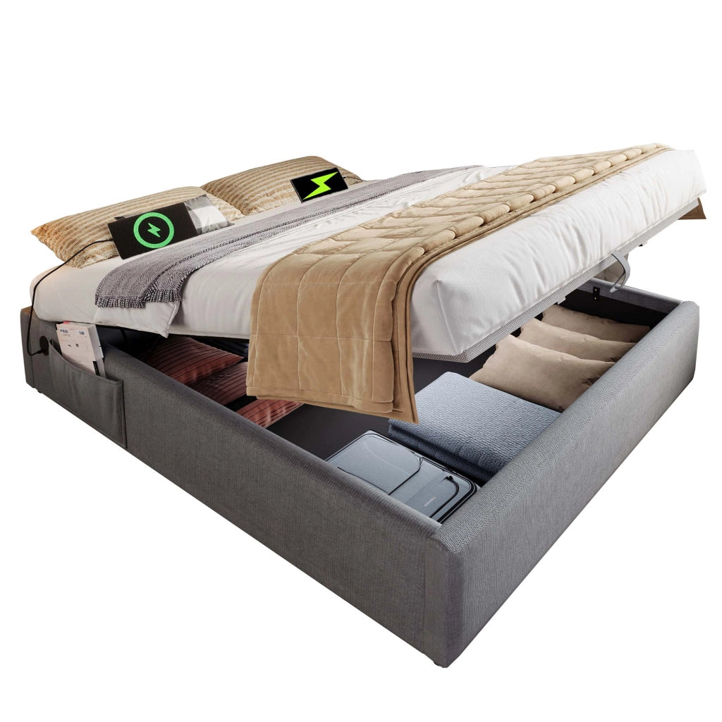 Letto Contenitore Letto Matrimoniale 140 x 200 cm con USB; Type-C e Tasca Laterale; senza Materasso