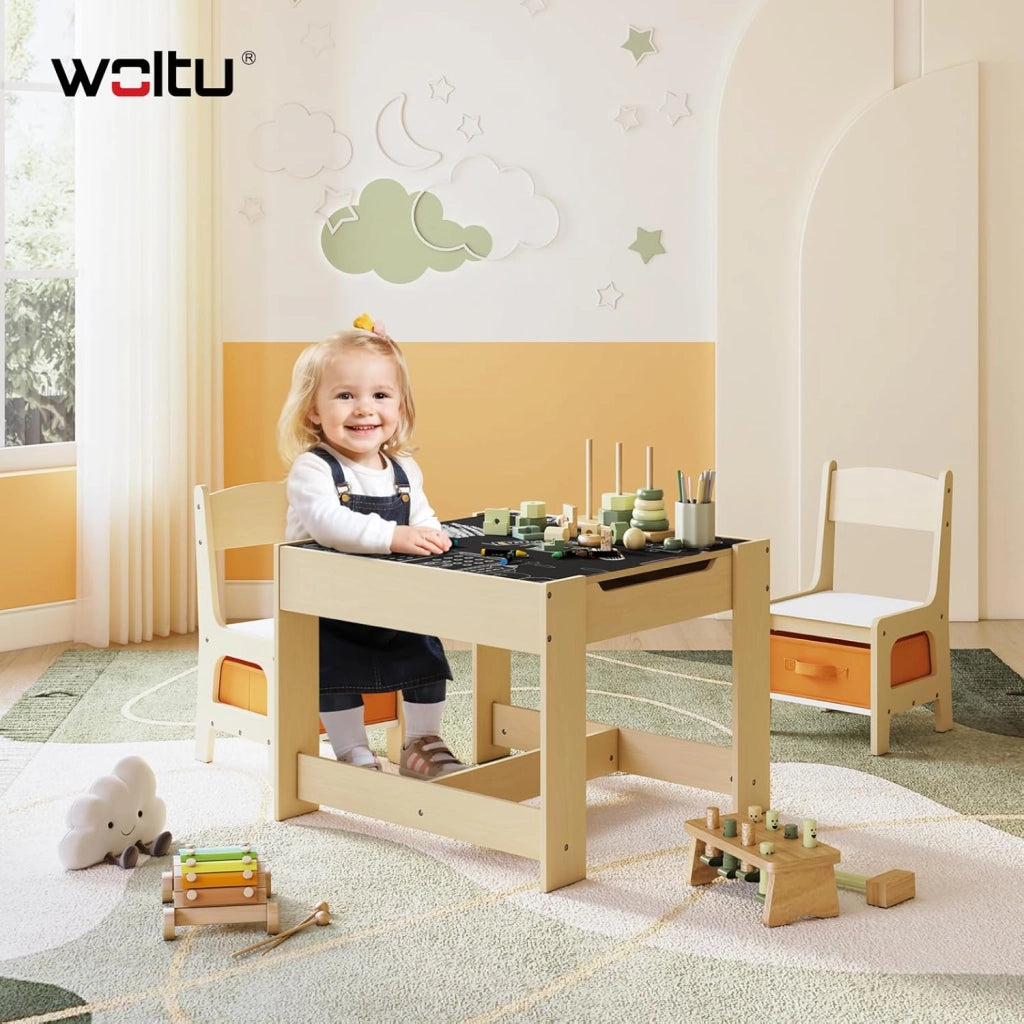 Set Mobili con Lavagna Contenitore Tavolo e Sedie per Bambini Soggiorno Tavolino con 2 Sgabelli in Legno