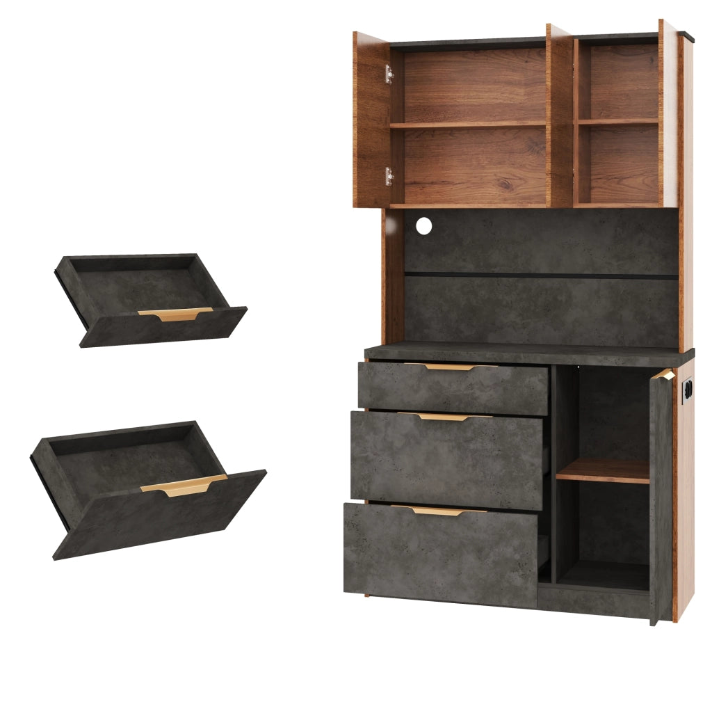 Credenza alta 100x40x180 cm con LED RGB, prese e USB in MDF naturale