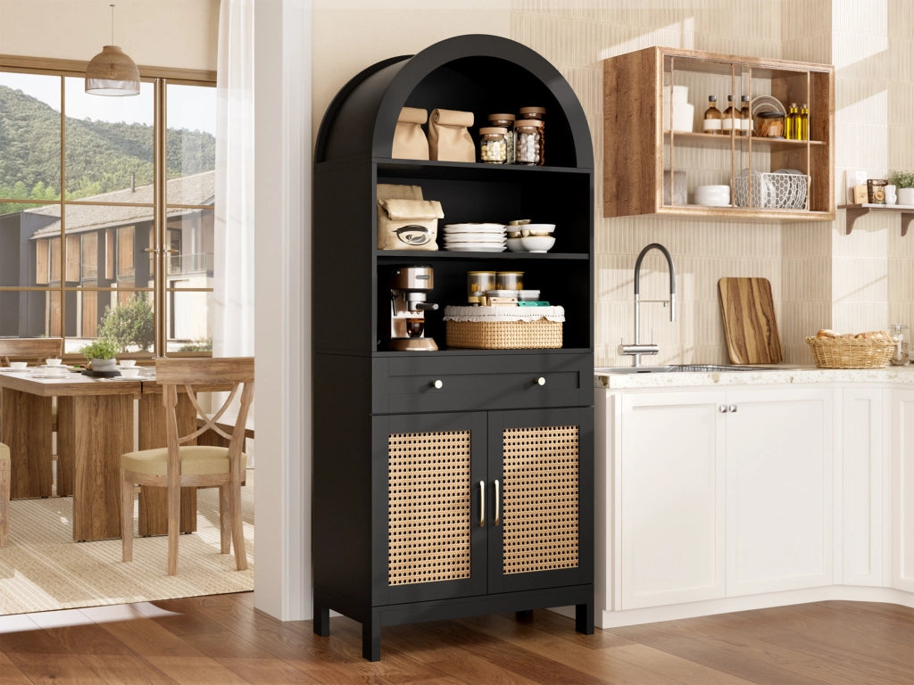 Credenza moderna con 3 vani aperti, 1 cassetto e 2 ante, anti-ribaltamento, per soggiorno, nero, 70 × 40 × 170 cm