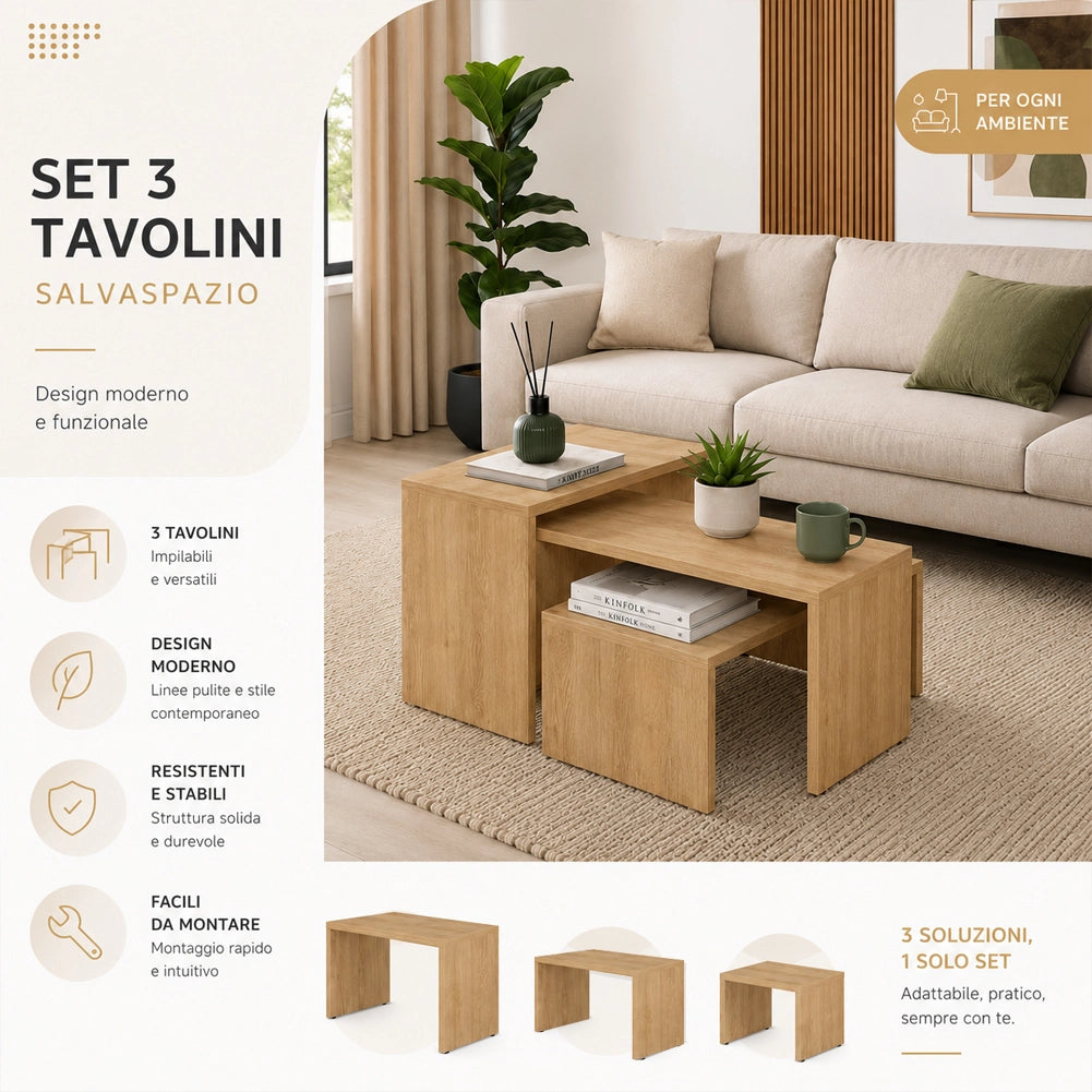 Set 3 Pezzi Tavolini Caffe Rettangolare a Incastro in Legno MDF Quercia