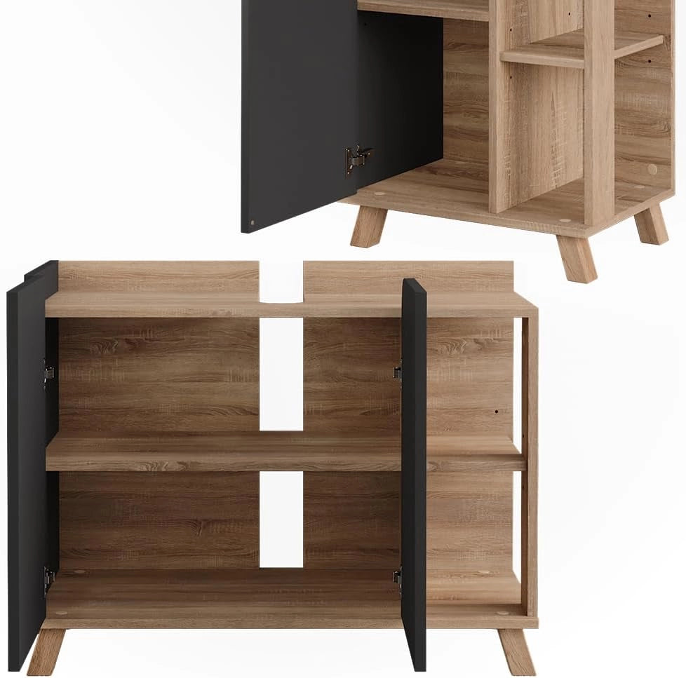 Set di mobili da bagno Karen, Sonoma/antracite, 80 cm, composto da mobile lavabo, pensile a specchio, colonna e base media