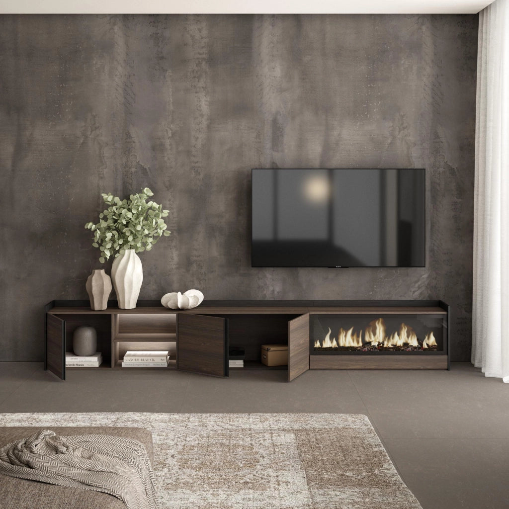 Mobile TV Soggiorno, 315x50x35 cm, Per TV fino a 80", Camino elettrico XXL, LED, Rovere scuro e Nero