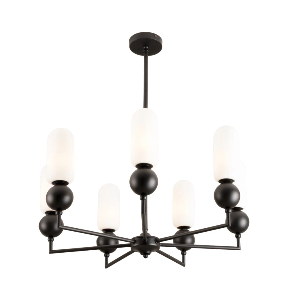 Lampadario industriale nero, globi ovali bianchi 7xG9