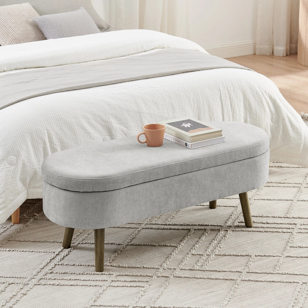 Panca contenitore in tessuto chenille con coperchio ammortizzato e struttura in legno grigio 110 × 40 × 42 cm