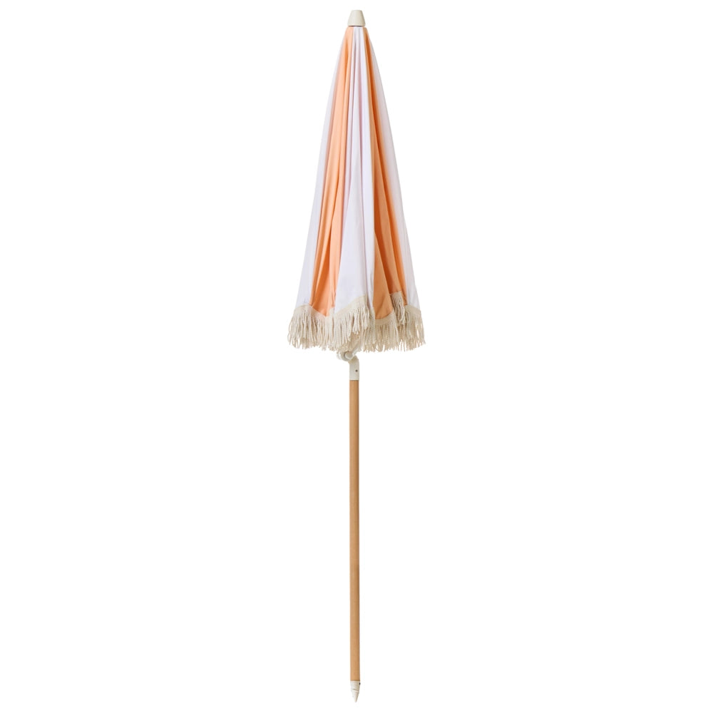 Ombrellone giardino tessuto bianco e arancione palo in legno faggio 150 cm Ombrellone esterno rotondo giardino retrò inclinabile resistente ai raggi UV