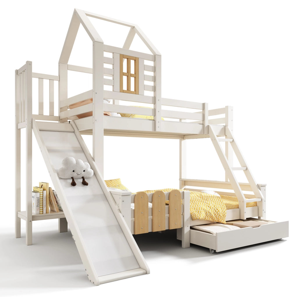 Letto a castello con scivolo e cassetto 90x200 e 140x200 cm; bianco e naturale