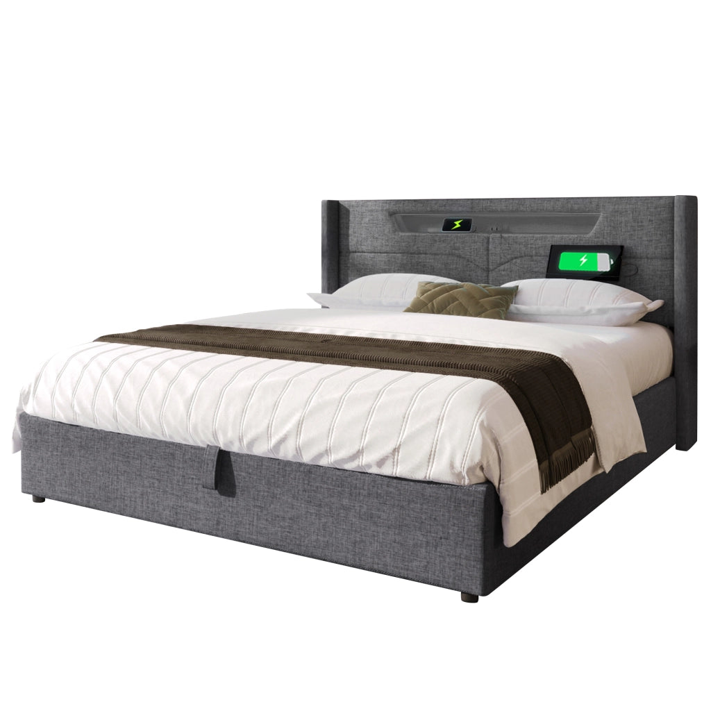 Letto matrimoniale 140x200 contenitore con LED; USB e USB-C; imbottito in lino grigio
