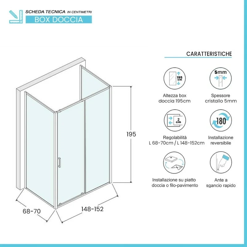 Box doccia 3 lati 70x150x70 con porta scorrevole e vetro stampato  Tay