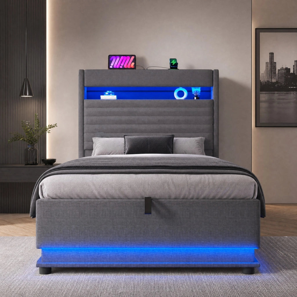 Letto imbottito singolo 90x200 cm con LED, USB-C e contenitore