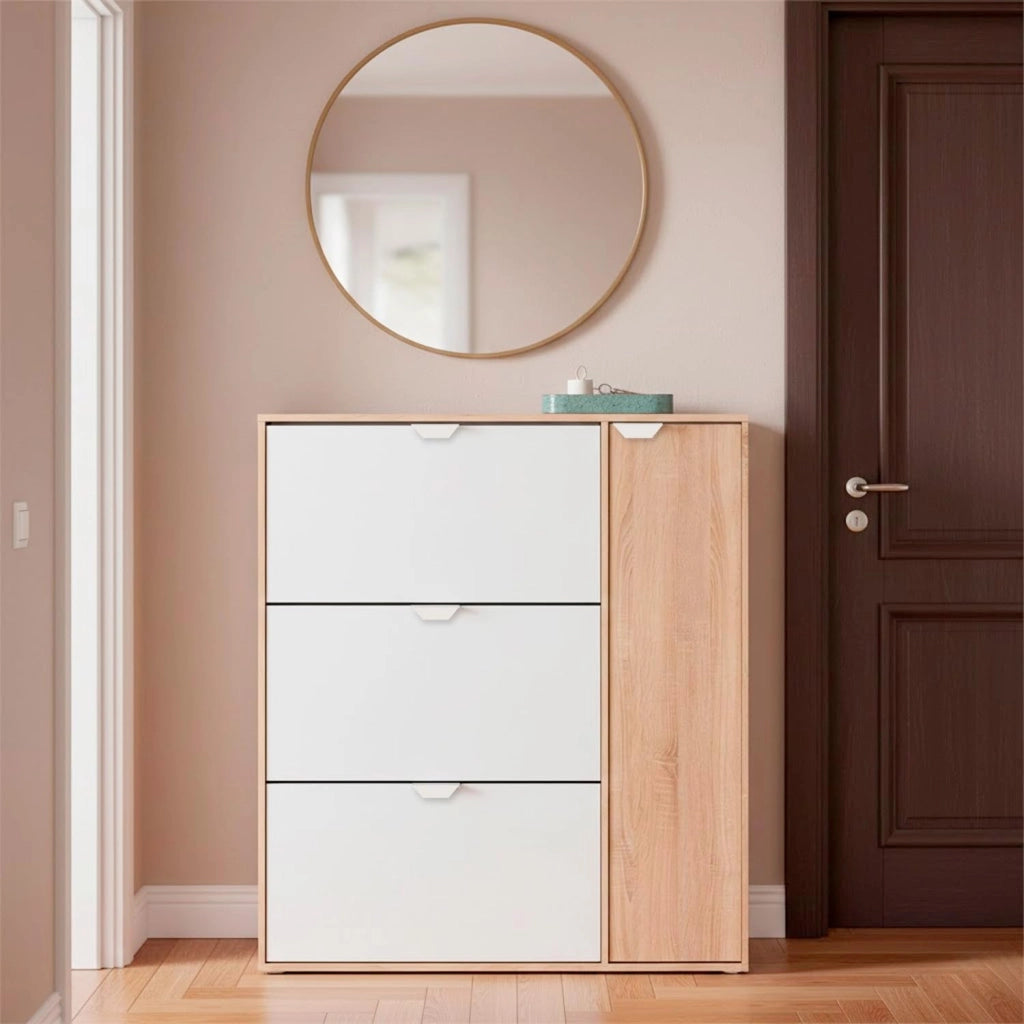 Scarpiera Multiuso 3 Ribalte Con Anta Laterale A 5 Ripiani Regolabili Mobiletto Salvaspazio Per Ingresso Camera Contiene Fino A 30 Paia Di Scarpe Design Moderno 112 x 105 x 24 Cm Rovere E Bianco