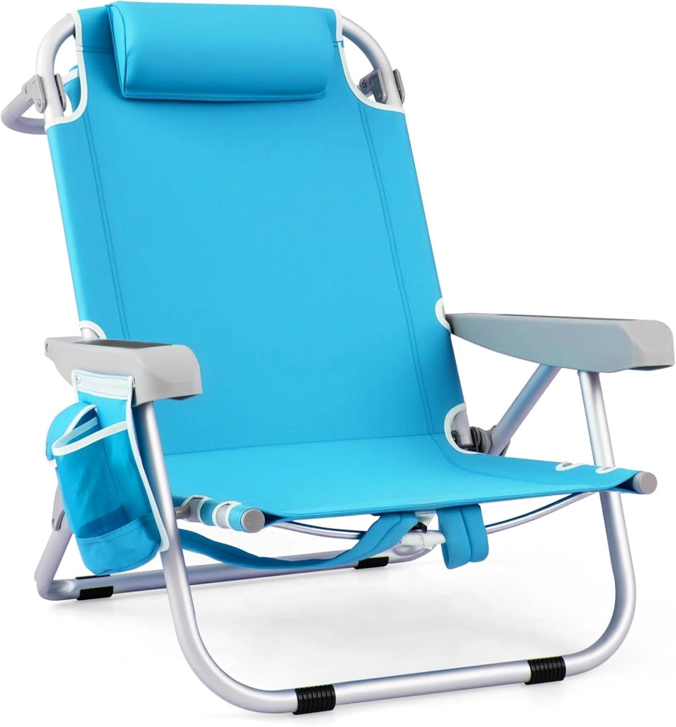 Sedia da Spiaggia Pieghevole con Zaino, Sedia da Campeggio in Alluminio Reclinabile con Schienale Regolabile in 5 Posizioni, Porta Asciugamani (65 x 66 x 78 cm,Blu,1)