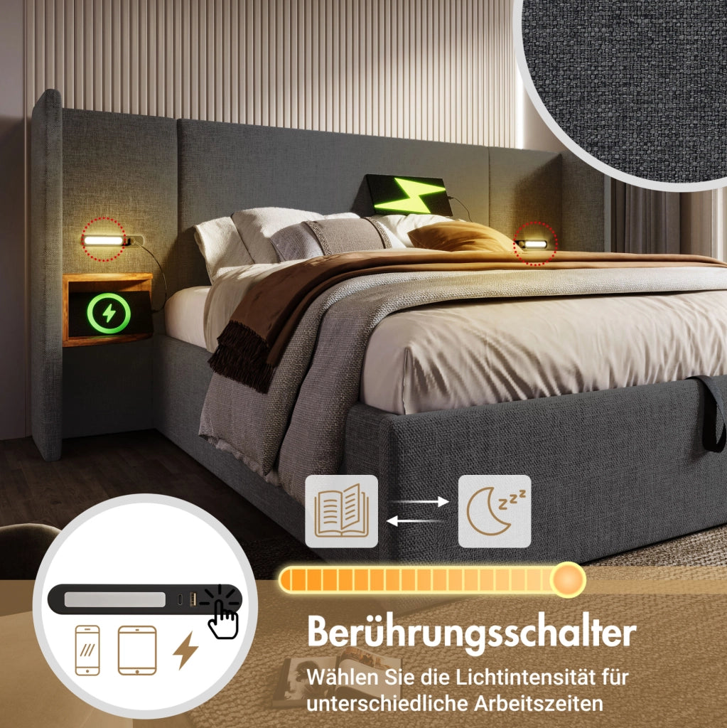 Letto contenitore 180x200 grigio con lampada e ricarica USB-C