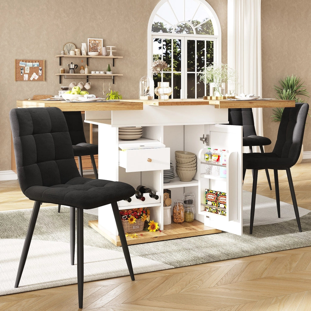 Tavolo allungabile 110-140x80x75 cm con anta; cassetto e ripiani; bianco e naturale
